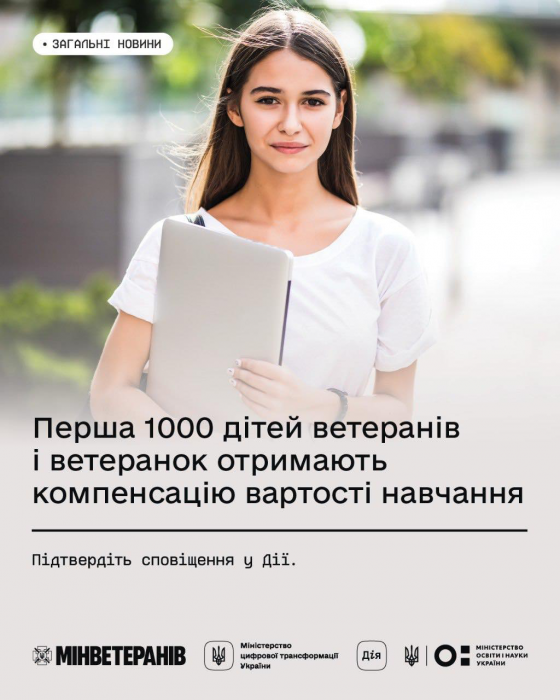 Перша тисяча дітей-випускників ветеранів і ветеранок отримають компенсацію вартості навчання — для цього потрібно підтвердити сертифікат у Дії0