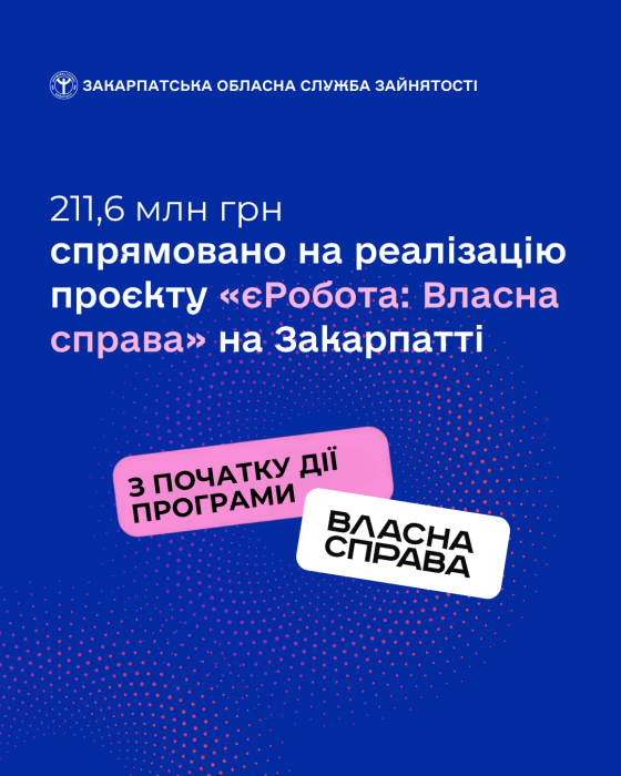 На Закарпатті на реалізацію урядової програми «єРобота: Власна справа» вже спрямовано 211,6 млн грн.0