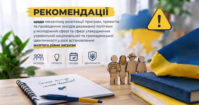 РЕКОМЕНДАЦІЇ щодо механізму реалізації програм, проєктів та проведення заходів державної політики у молодіжній сфері та сфері утвердження української національної та громадянської ідентичності у разі встановлення жовтого рівня загрози0